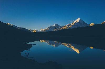 Scenic view of lake and mountains against clear blue sky