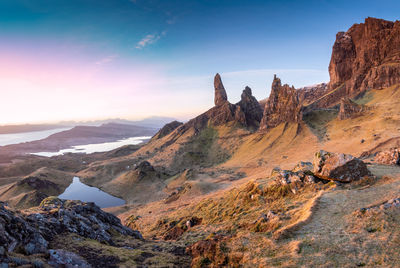 Panorama of old man of storr. rocks mountains and breathtaking views of scottish highlands