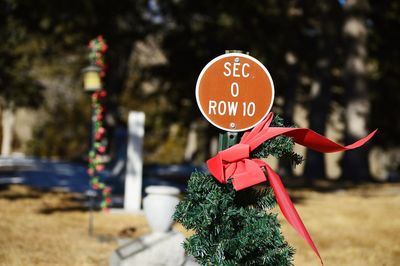 Close-up of road sign against trees