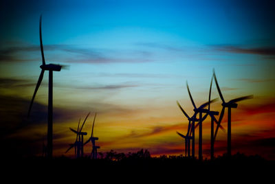 Silhouette of wind turbines at sunset