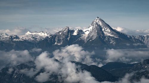 Scenic view of snow covered mountains against sky