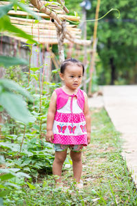 Full length of cute girl standing against plants