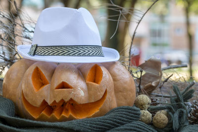 Close-up of pumpkin on table during halloween