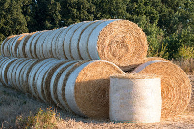 Piled straw bales piled up