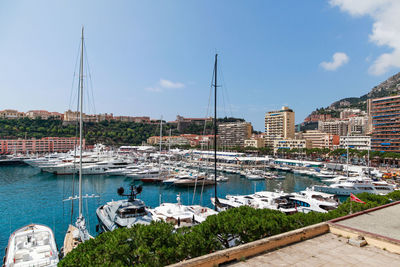 Sailboats moored at harbor in city against sky