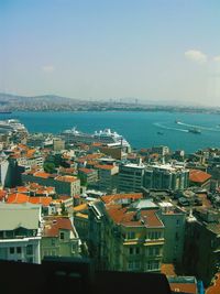 High angle view of city by sea against sky