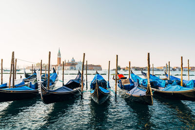 Gondolas moored in venice