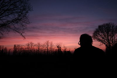 Silhouette person standing by bare trees against sky during sunset