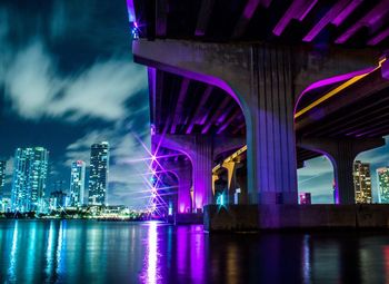 Illuminated bridge over river at night