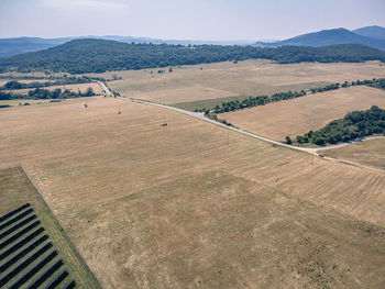 High angle view of field against sky