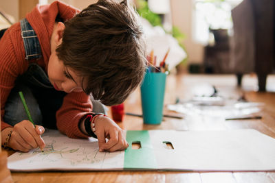 Young boy colouring a book at home