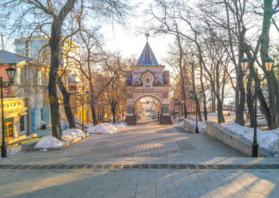 Bare trees in front of church during winter