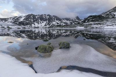 Scenic view of frozen lake by snowcapped mountains against sky