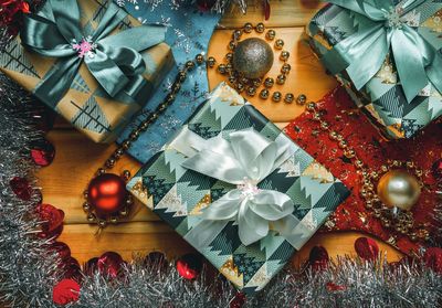 High angle view of christmas decorations on table