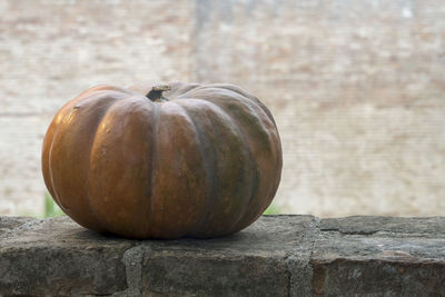 Close-up of pumpkin on table against wall