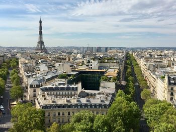 High angle view of eiffel tower from triumph arch in paris 