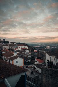 High angle view of townscape against sky at sunset