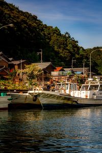 Sailboats moored in sea against sky