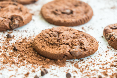 Close-up of chocolate chip cookies on table