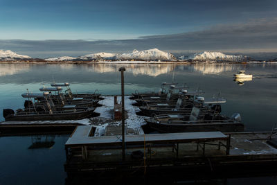 Boats moored at harbor against sky