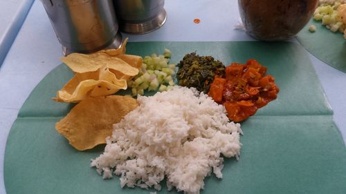 High angle view of vegetables in plate on table