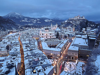 High angle view of townscape against sky during winter