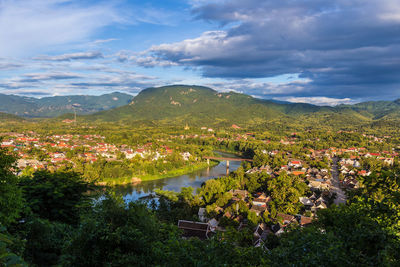 High angle view of plants and mountains against sky