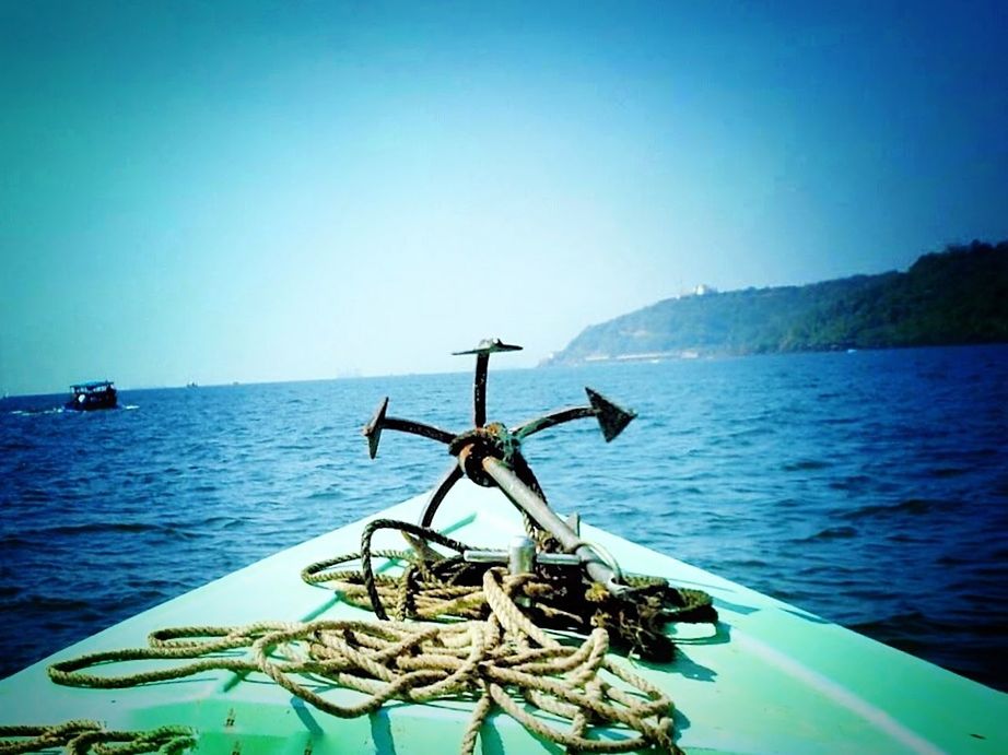 water, sea, sky, nature, clear sky, no people, transportation, nautical vessel, beauty in nature, tranquil scene, tranquility, scenics - nature, day, blue, mode of transportation, horizon, copy space, outdoors, horizon over water, fishing boat