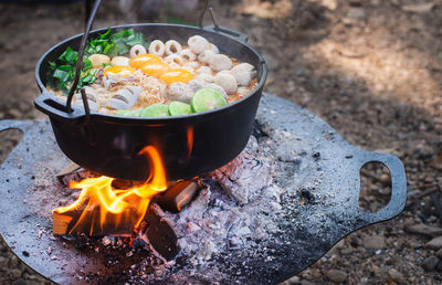 High angle view of food on barbecue grill