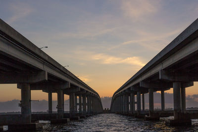 Bridge over sea against sky during sunset