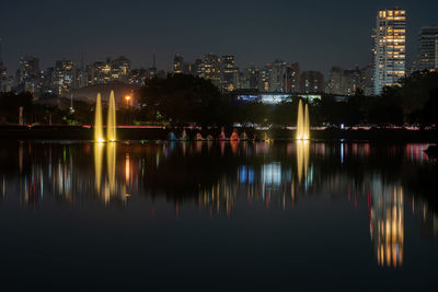 Reflection of illuminated buildings in river at night