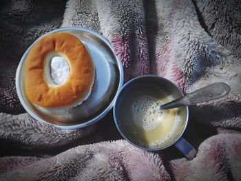 High angle view of tea in bowl on table