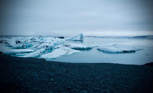Icelandic scenic view of frozen sea against sky