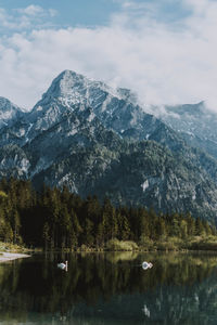 Scenic view of lake and mountains against sky