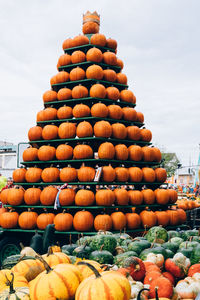 Stack of pumpkins for sale in market