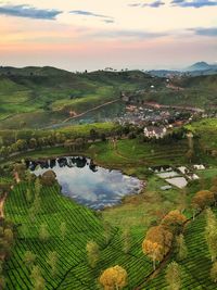 High angle view of landscape against sky during sunset