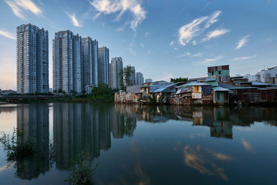 Reflection of buildings in river against sky