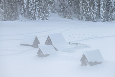 High angle view of snow covered field