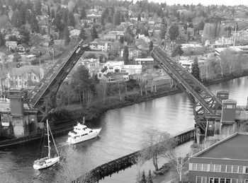 High angle view of boats in river