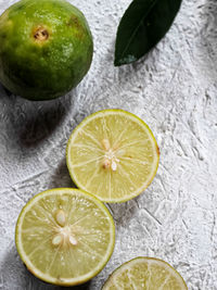 High angle view of lemon slice on table