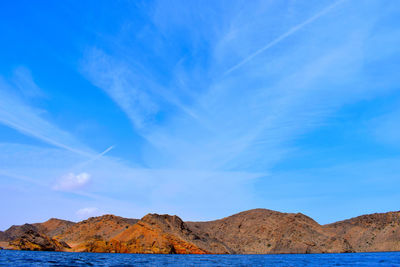 Scenic view of mountain by sea against blue sky