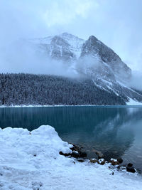 Scenic view of lake by snowcapped mountains against sky