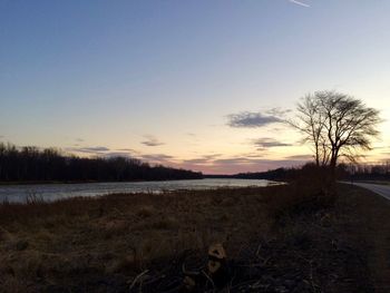 Scenic view of field against clear sky during sunset