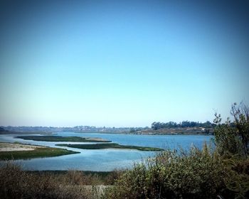 Scenic view of calm lake against clear sky