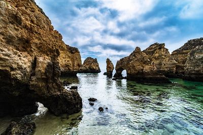 Panoramic shot of rocks in sea against sky