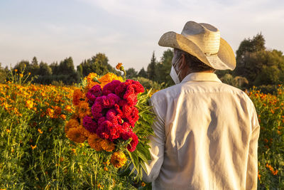 Rear view of man standing by flowering plants against sky