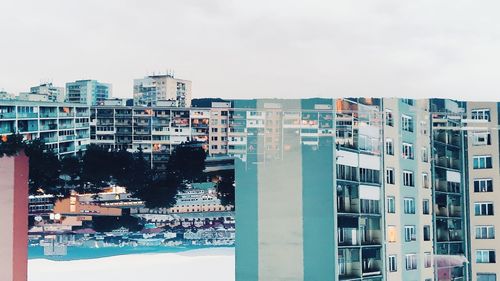 High angle view of buildings against sky