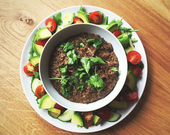 High angle view of food in bowl on table