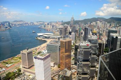 High angle view of city buildings against sky