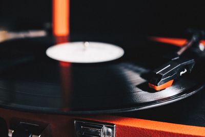 Close-up of record on record player